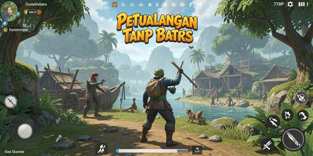 Screenshot gameplay 77RP menampilkan petualangan di dunia terbuka yang luas.