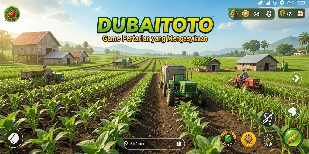 Tampilan gameplay DUBAITOTO dengan ladang hijau subur dan tanaman yang tumbuh.