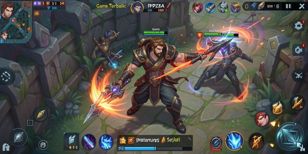 Screenshot gameplay menunjukkan aksi seru dalam pertandingan MOBA.